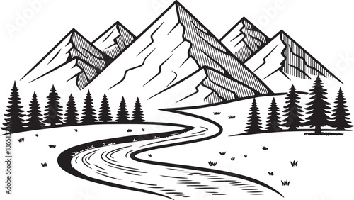 Hand drawn mountain landscape with river and pine forest trees on white transparent background art