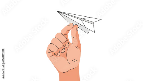 Illustration of a hand holding a paper airplane. The plane is gray and white. The hand is peach-colored, with lines