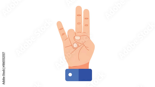 Illustration of a hand with the index, middle, and ring fingers raised, creating a gesture. The wrist is cuffed in blue