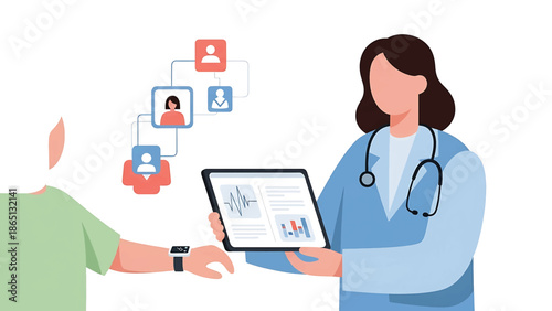 Illustration of a healthcare professional examining a patient's data on a digital tablet, alongside networked user icons. The patient wears a smartwatch