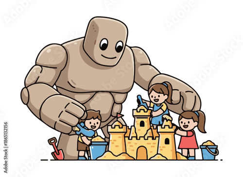 Giant robot building sandcastle with happy children on sunny beach