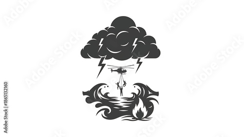 Illustration of a helicopter rescuing people during a stormy fire-ridden flood, rendered in grayscale