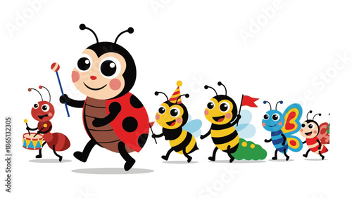 Colorful cartoon insects celebrate together in joyful parade