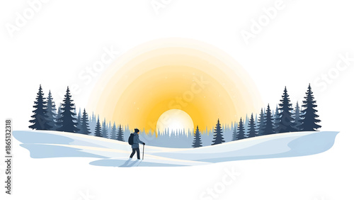 Illustration of a lone hiker with backpack and walking stick in a snowy landscape. The sun rises behind dark evergreen trees