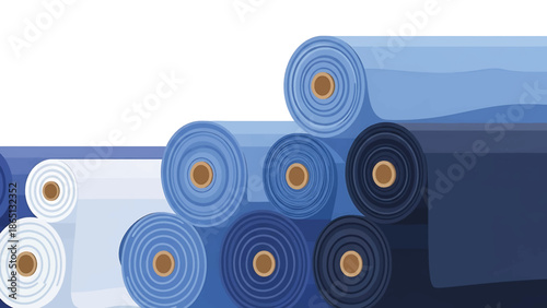 Illustration of several fabric rolls in different shades of blue and white, with visible paper cores, arranged in layers. Includes a light background