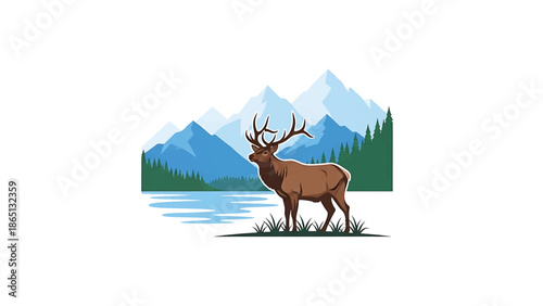 Illustration of a majestic elk in a scenic landscape, with mountains, forest, and lake. The elk stands on grass