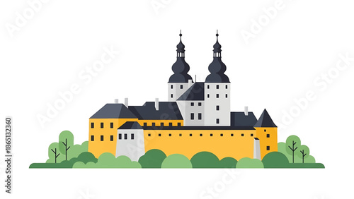 Illustration of a majestic historic castle with tall towers and a prominent wall, situated amidst stylized greenery, on a white background