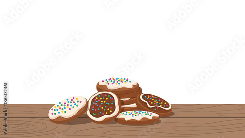 Illustration of several cookies with various colored sprinkles, iced in a white or brown glaze, arranged on a wooden surface