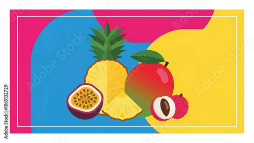 Illustration of a collection of vibrant tropical fruits including pineapple, mango, lychee, and passion fruit with textured backgrounds
