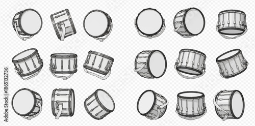 Set of snare drums or marching drums in various angles and perspectives on transparent background.