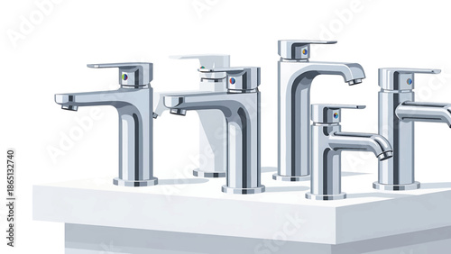 Illustration of a collection of modern, polished chrome faucets, arranged on a white, slightly reflective surface. They stand in various heights and styles