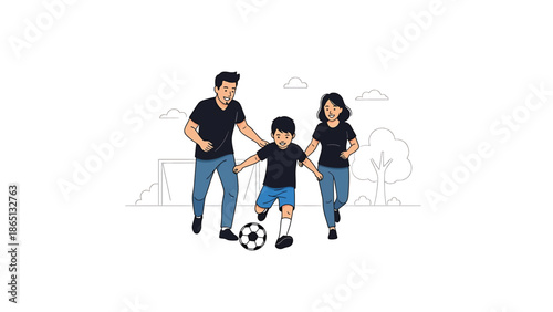Illustration depicts a family, a parent and two children, playing soccer outdoors with a goal and trees in the background. The style is a minimalist