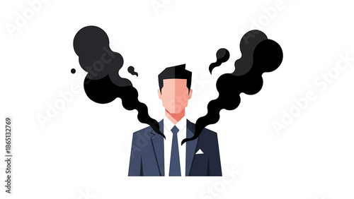Illustration depicts a faceless person in a suit, with black smoke emanating from their head. Clean, minimalist, and on a white background