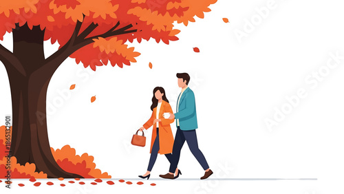 Illustration of a couple walking under a tree with colorful autumn leaves. The pair is holding a bag and a cup, creating a sense of companionship