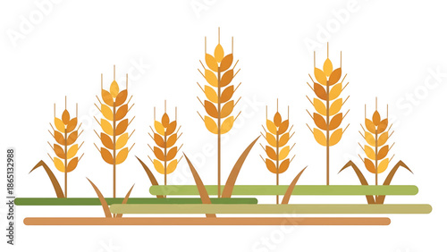 Illustration features stylized wheat stalks and blades of grass, representing a field.  Various hues create a minimalist, agricultural design. The grains are golden