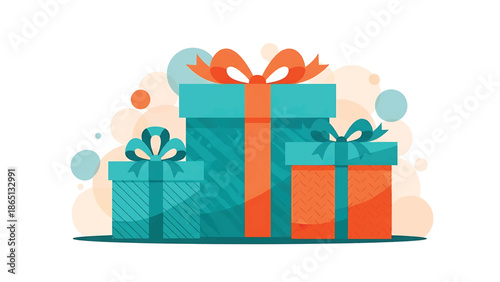 Illustration features three gift boxes of different sizes, decorated with bows and ribbons in vibrant colors against a white backdrop
