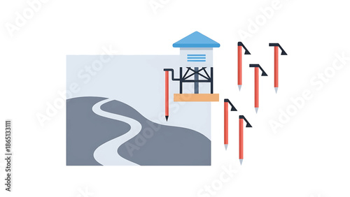 Illustration featuring a winding road leading to a stylized building with measuring tools or surveying equipment in an isolated setting