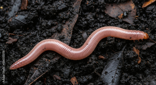 Close-up view of an earthworm, a pink annelid, crawling across dark, rich soil with scattered leaves