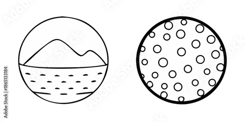 Simple black and white illustration of a bowl and a cluster of circles