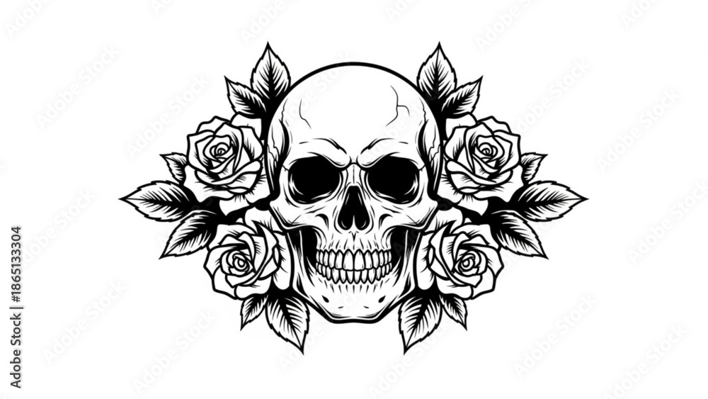 Obraz premium A black and white illustration of a skull surrounded by roses and leaves in a floral arrangement