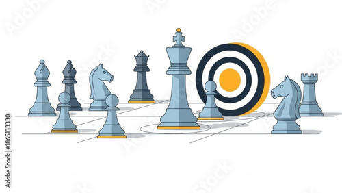 A chessboard with blue chess pieces and a target