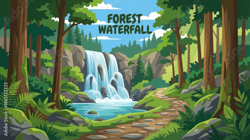 forest waterfall flows beside a woodland path, creating a peaceful scene that blends flowing water, trees, moss, and soft natural textures
