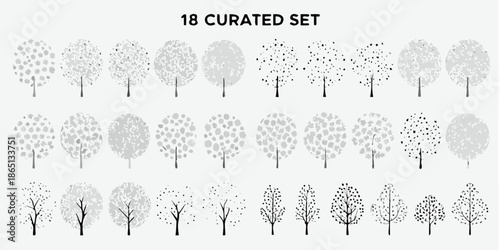 A collection of diverse tree silhouettes arranged in neat orderly rows