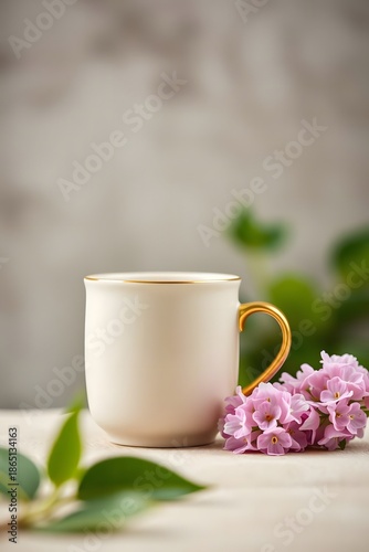 Elegant cream ceramic mug with a golden handle, beautifully accented by delicate pink lilac blossoms and fresh green leaves, set against a soft, textured background
