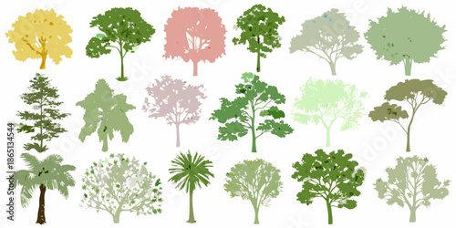 Collection of colorful stylized tree silhouettes against a plain white background