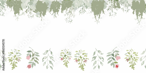 Delicate watercolor painting featuring trailing green foliage and soft floral accents