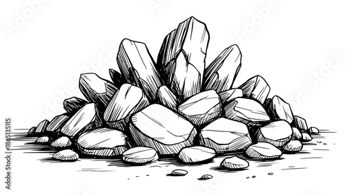 Black and white line drawing of a rocky pile on a flat ground, sketch style with angular stones, clean outlines, and subtle shading for depth