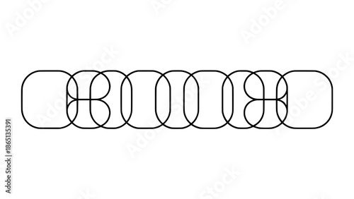 Black line art of interconnected rounded rectangles forming a minimalist chain, vector outline design suitable for logos, or tech UI