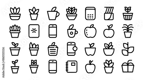 Minimalist line icon set featuring potted plants, leaves, mugs, smartphones, notebooks, apples, and pots in black outlines; versatile vector SVG