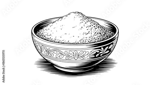 Black and white line art illustration of a decorative ceramic bowl piled with rice, floral pattern around the rim, ink sketch with shading