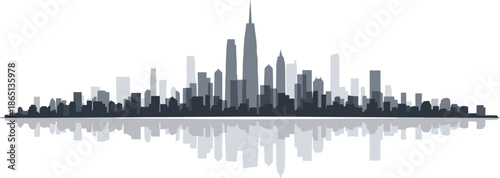 Stylized city skyline silhouette with mirrored reflection over water, perfect for urban design and architectural concept themes
