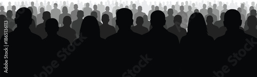 Silhouetted crowd of diverse people facing forward, ideal for community, population, and collective presence visual themes