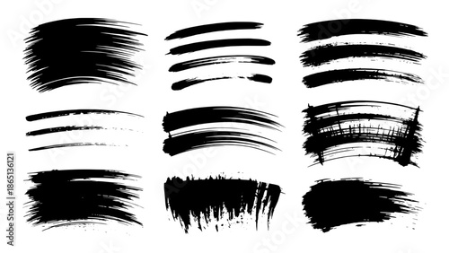 Collection of black ink brush strokes and textures in varying widths and curves for logos, typography, and grunge design accents in vector.
