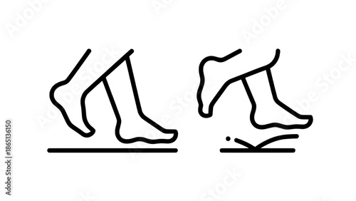 Minimalist line art of two bare feet stepping on a ground line, one foot slipping over a small obstacle in a simple black vector illustration