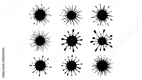 Set of nine black paint splash icons with varied radial patterns, ink blot shapes, SVG elements on white background for logos, UI and design accents