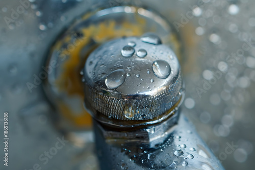 Wet Metal Bolt with Water Droplets in Industrial Macro Detail