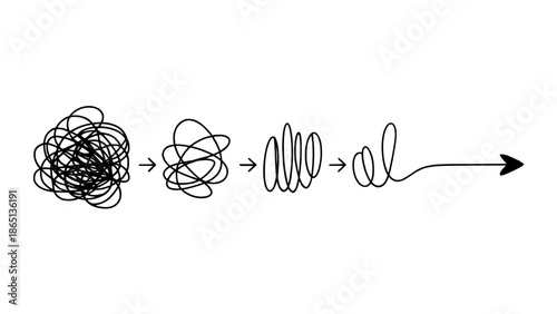 Abstract sequence showing transformation from chaotic black scribble to tidy spiral and clean arrow, minimalist line art on white background