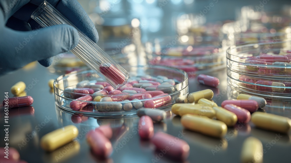 Obraz premium Pharmaceutical research laboratory with capsules and test tubes on reflective surface,Report Pharmaceutical Fraud Day