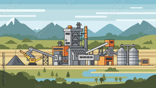 Industrial Landscape: A detailed illustration showcases an industrial plant nestled in a serene landscape.