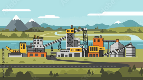 Industrial Landscape: An illustration of a bustling industrial complex, depicting various buildings, conveyor belts, and silos amidst a backdrop of rolling hills, mountains, and a tranquil river.