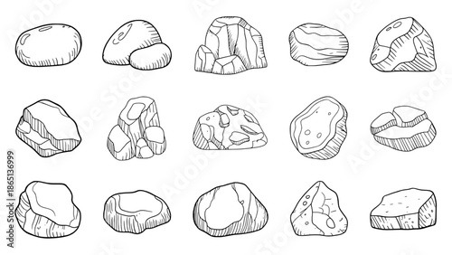 Set of hand-drawn line art rocks and stones icons featuring 15 stone shapes with cracked and smooth textures, monochrome vector illustrations for UI