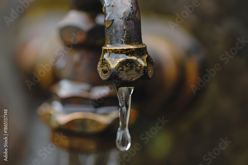Dripping Old Water Faucet with Rust and Corrosion in Close-Up