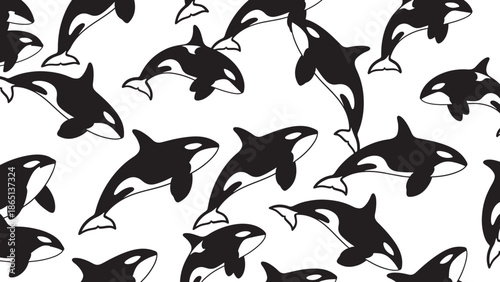 Repeating orca whale silhouettes isolated on transparent background