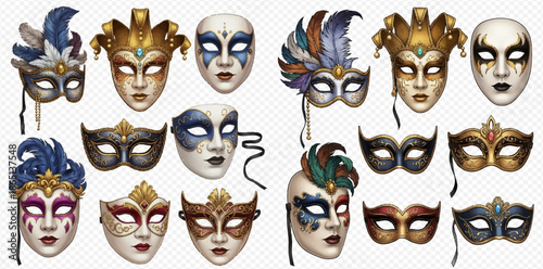 Collection of ornate and colorful Venetian carnival masks with intricate designs and feathers for festive occasions.