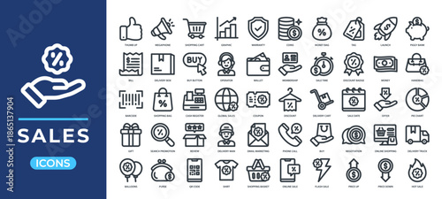 Sales icons set collection. Containing shopping, discounts, money, promotion elements and more. Simple line vector.