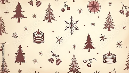 Charming christmas pattern with trees, snowflakes, and holiday treats
